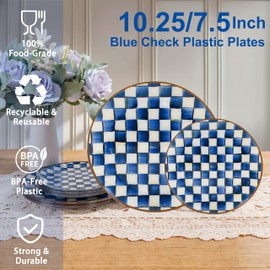 U-QE 20PCS Blue Plastic Plates for Party - Retro Checkered Plates Disposable Heavy Duty - Blue and White Plate for Party, Birthdays - 10 10.25 Inch Dinner and 10 7.5 Inch Dessert Plate