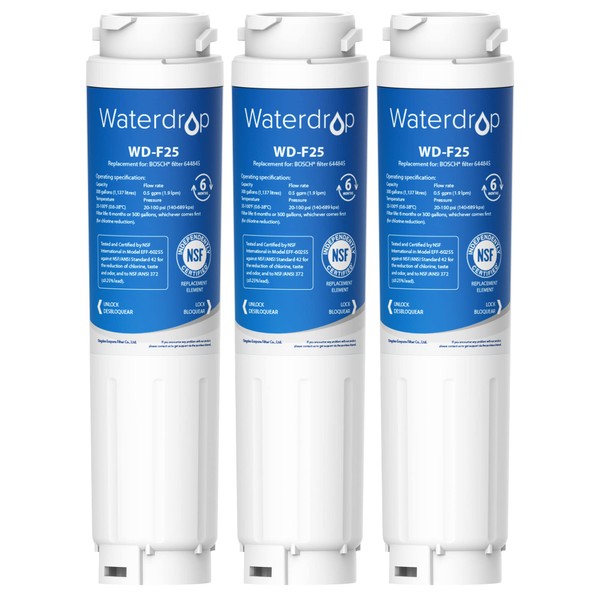 Waterdrop WD-F25 Fridge Water Filter, Compatible with Bosch UltraClarity 644845 REPLFLTR10 00740560 9000194412 9000077104 Neff Gaggenau Miele/Haier 0060820860 0060218743 Rangemaster DxD 90170 (3)