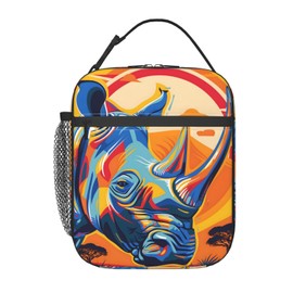 Plistiz Colorful Rhino Lunch Box for Women Men, Insulated Lunch Box, Reusable Lunch Bag for Office, Work, Picnic, Travel