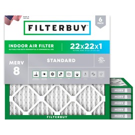 Filterbuy 22x22x1 Air Filter MERV 8 Essential Dust & Allergy Defense (6-Pack), Electrostatic Pleated HVAC AC Furnace Filters Replacement (Actual Size: 21.50 x 21.50 x 0.75)