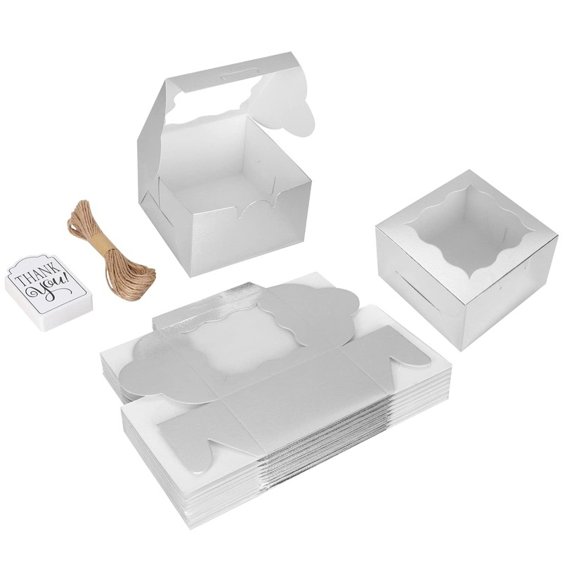 KPOSIYA 60 Pcs Silver Bakery Boxes with Window Individual Cupcake