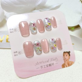 BQZQPAMZ 10pcs Pink Fake Nails Square Round Flower Press Nails Short Square Round Dried Flower False Nails With Glue Full Coverage Acrylic Nails for Women DIY Summer Glossy Floral Manicure Decoration