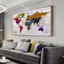 Framed Wall Art World Map Wall Art Canvas Picture 30inx60in Large Antiqued Map of The World Canvas Painting Artwork Prints for Office Wall Decor Home Living Room Decorations Framed Ready to Hang