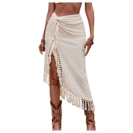 SHENHE Women's Twist Front High Slit Fringe Skirt Asymmetrical Tassel Boho Midi Skirt Apricot Large