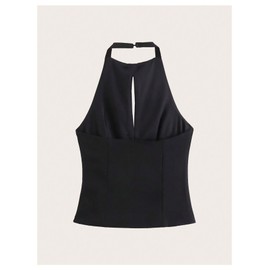MakeMeChic Women's Rhinestone Bow Knot Sleeveless Backless Halter Top Summer Shirt Black Small