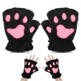 Cat Paw Fingerless Gloves, Furry Paws Gloves Faux Fur Plush Furry Cat Claw Glove Cute Cosplay Costume Accessories for Women(Black)