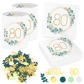 Sprinlot Pack of 20 80th Birthday Decoration Napkins + 12 Pieces Lantern Table Decoration 80th Birthday + Eucalyptus Confetti Table Decoration Green Decoration 80th Birthday Woman Gifts for 80th