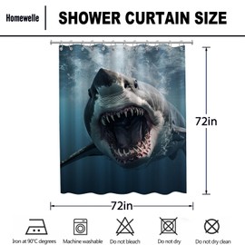 wongmode Shark Shower Curtain Ocean Themed Under The Sea Animal Bathroom Fabric Waterproof Décor with 12 Hooks 72''W x 72''H