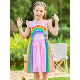 5T Rainbow Dress for Girls 5-6 Years Pink Birthday Party Dress Size 5 Flutter Sleeve Back to School Outfit