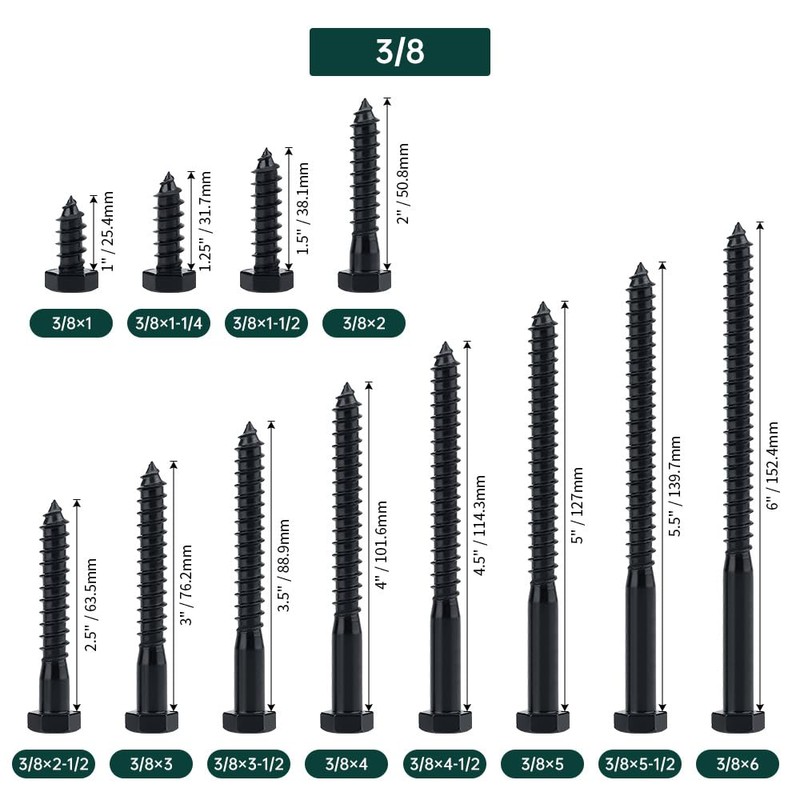 3/8 x 2 Black Hex Head Lag Screws Bolts (10
