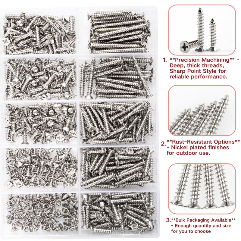 Zmbroll M3 Self Tapping Screw Silver Wood Screws 440Pcs Countersunk
