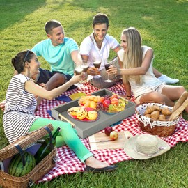 Large Ottoman Tray Gray Faux Leather Decorative Tray,Stylish Rectangle Coffee Table Tray Decor,Versatile Serving Trays with Handles for Living Room Party