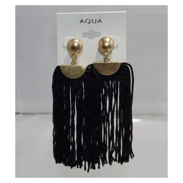AQUA black fringe tassel pierced earring gold top NWT