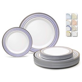 " OCCASIONS " 50 Plates Pack (25 Guests)-Heavyweight Wedding Party Disposable Plastic Plate Set -25 x 10.5'' Dinner + 25 x 7.5'' Salad/Dessert plates (Odyssey White/ Blue & Gold)