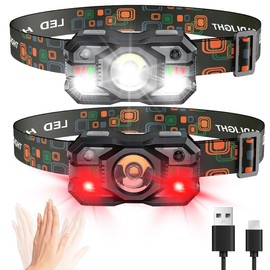 Skylla Headlamp Rechargeable,1200 Lumen Ultra Bright LED Head Lamp Flashlight with White Red Light,Motion Sensor Waterproof Headlight, 5 Modes Lights for Outdoor Camping Fishing Running (2 Pack)