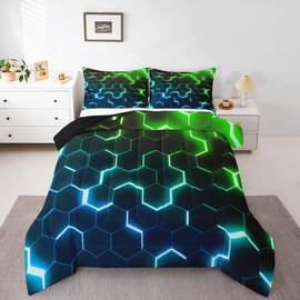 Erosebridal Honeycomb Boys Comforter Set Full Size Abstract Geometric Kids Bedding Set Neon Green Blue Honeycomb Down Comforter for Teen Men Geometrical Hexagon Beehive Bed Set 3 Pcs