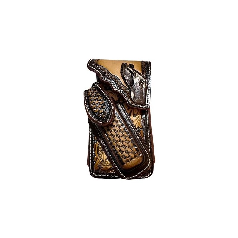 Leather Phone Belt Holster and Knife Holder Hand Tooled Handmade