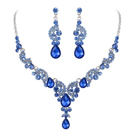 EVER FAITH Rhinestone Crystal Wedding Flowers Wave Teardrop Necklace Earrings Set, Crystal, Rhinestone