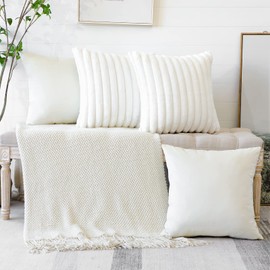 JOTOM Set of 4 Faux Fur Plush Cushion Covers Decorative Throw Pillow Covers Striped Soft Fuzzy Pillowcase Cozy Velvet Square Pillow Covers for Couch Sofa Bedroom Home Car Decor 45x45 cm (Cream)
