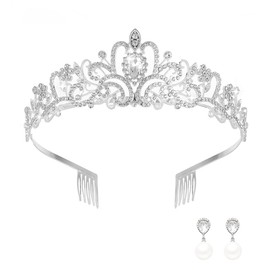Molirex Birthday Crown Adult Woman Crystal Silver Tiaras Queen Princess Wedding Bridal Headpiece Prom Quinceanera Hair Accessories with Earrings