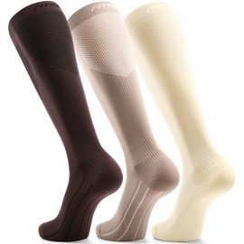 FITRELL 3 Pairs Compression Socks for Women and Men 20-30mmHg- Muscle Support Socks for Travel, Running, Nurse, Knee High Socks, Tan+Almond+Khaki L/XL