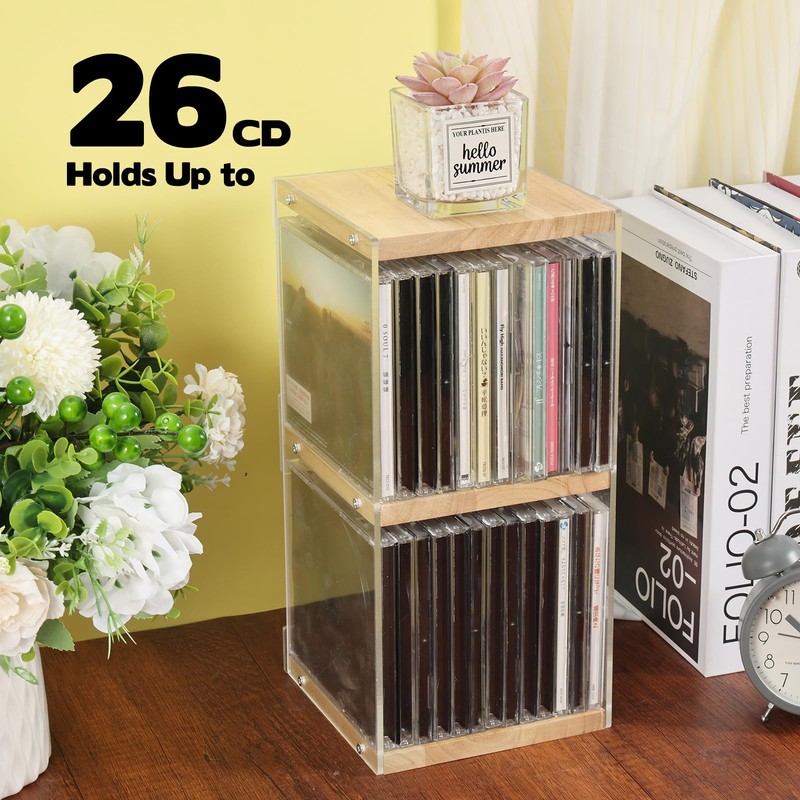 Rainmae CD Holder Desk Rack Organizer, Wooden CD Holder Stand,