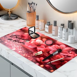 Dual-Sided Synthetic Leather Decorative Makeup Mat for Crafting, Furniture Protection, Scratch & Stain Resistant Surface Desk Pad, Waterproof Easy to Clean Vanity Protector (Floral Black)