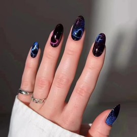 LIyun&Hang Press on Nails 24Pcs Glossy Full Cover Artificial Fake Nails，Oval Black Focusmoon Heart Cat Eye Flashing Design, Reusable Stick On Nails in Fak (type-12)