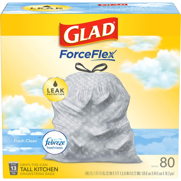 GLAD ForceFlex Tall Drawstring Trash Bags For Kitchen Trash Can, 13 Gallon, Grey , Fresh Clean with Febreze Freshness to Eliminate Odors, 80 Count - Packaging May Vary