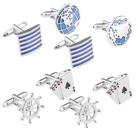 Create idea 4 Pairs Men's Cufflinks Classic Shirt Cuff Links Poker & Striped & World Map & Rudder Cufflinks for Men Father Groom Clothing Decoration Accessories