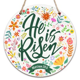 He Is Risen Wooden Sign For Front Door, Welcome Decor Sign, Rustic Outdoor Hanging Signs For Easter Gifts, Floral Element Decor For Farmhouse Front Porch Outside House Wall Garden Yard -03