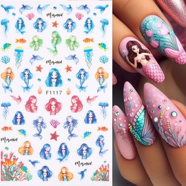 SIMAYKUWA Nail Stickers Summer Ocean Theme - Mermaid Dolphin Sealife Designs, Waterproof Nail Art Decals（4 Sheetss）