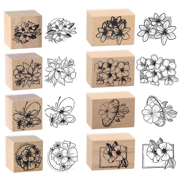 8Pcs Wooden Rubber Stamps, Vintage Flowers Wooden Stamps, Decorative Wooden Rubber Stamps Set for Craft, Scrapbook, Card Making, DIY, Painting, Hand Book