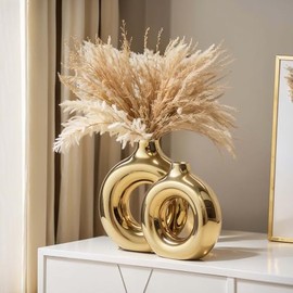 XMGZQ Juego de 2 jarrones de cerámica de Oro Brillante con rosquilla Redonda para decoración del hogar,decoración Moderna y Minimalista Centro de Mesa,Boda,Sala de Estar,estantería,Oficina,Entrada