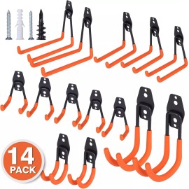 NOONE Garage Hooks Heavy Duty 14 Pack Frosted Steel Storage Hooks, Tool Holder Hangers