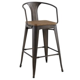 Modway Promenade Industrial Modern Steel Bistro Bar Stool with Arms and Bamboo Seat in Brown
