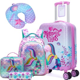 Homskiii Kids Mermaid Suitcase Set for Boys Hardside Luggage with Spinner Wheels 5 Piece 16inch Toddler Suitcase for Boys Travel Carry on Luggage Airline Approved