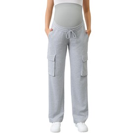 FABRACK Women's Maternity Cargo Pants Sweatpants Over The Belly Casual Comfy Drawstring Pregnancy Pants with 4 Pockets(Heather Grey, Small)
