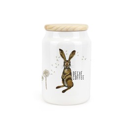 Purely Home Hares & Dandelions Ceramic Decaf Coffee Storage Canister - Rhiannon Chauncey Floral Hares Artwork Kitchen Food Storage Container & Wooden Lid 600ml (14.5cm x 9.5cm)