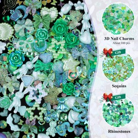 Kikonoke 100 Pieces 3D Resin Butterfly Bear Nail Charms Rose Flower Peach Skirt Bow Deer Snake Rabbit Animal Shaped Nail Art Rhinestones Pearls for DIY Nail Art Decoration Making Craft (Green)