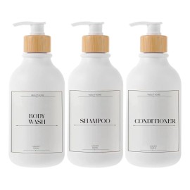 Juego 3 Dispensadores de Baño 500ml Jabon Shampoo Acondicionador Tapa de Bambú Fasilyt Color Blanco