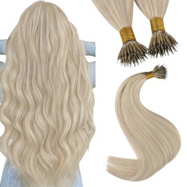 YoungSee Nano Hair Extensions Real Human Hair Blonde Highlights Nano Beads Hair Extensions Warm Ash Blonde Highlights Bleach Blonde Nano Ring Human Hair Extensions Blonde Cold Fusion 18 inch 1g/s 50g