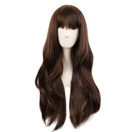 MapofBeauty 28 Inch Long Curtain Bangs Wavy Curly Cosplay Wig (Brown) | Party Wig,Synthetic Fiber,Heat Resistant,70 cm Wig