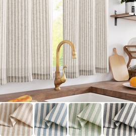 jinchan Striped Linen Kitchen Curtains 30 Inch Length Pinstripe Farmhouse Cafe Tier Curtains for Living Room Bathroom Rustic Half Window Light Filtering Rod Pocket Small Drapes 2 Panels Taupe Grey