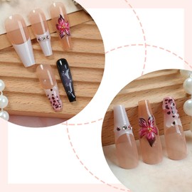 24Pcs White French Tip Press on Nails Long Coffin Nails 3D Flower Fake Nails with Rhinestones Gold Beads Glue on Nails Summer Acrylic Nails Cute Floral False Nails Leopard Stick on Nails for Women