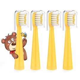 Vekkia Bear Kids Electric Toothbrush Replacement Heads - 7X More Plaque Removal, End-Rounded 3D Curved Soft Bristles, Comfortable & Efficient Clean Teeth, Perfect for Kid Small Mouth, Yelow (4 Pack)
