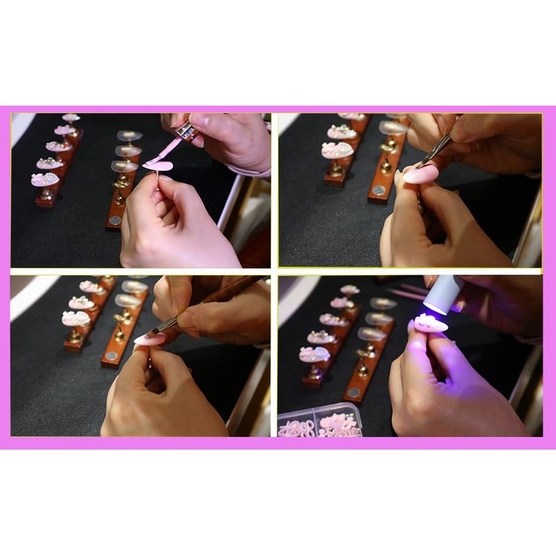 24 uñas postizas hechas a mano con lazo rosa 3D,