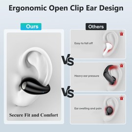 Open Ear Clip on Headphones, Wireless Bluetooth Slim Earclip Comfort Wear Sports Earbuds, 30 Hours Playtime, LED Power Display Waterproof Earphones for Exercise lovers and Glasses Wearers (Black)
