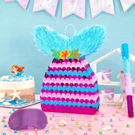 WERNNSAI Mermaid Piñata - Mermaid Party Games Decorations Mermaid Tail Piñata with Blindfold and Bat for Girls Kids Under the Sea Themed Birthday Party Supplies (12.5" x 16.5" x 3")