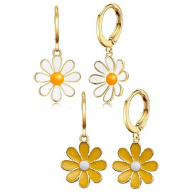 UYRVAPE 2 Pairs Daisy Earrings for Women, Small Flower Hoop Earrings, 18K Gold Plated, Pretty Flora Earring with Short Earrings, Cute Lightweight Cartilage Earring, Jewellery Gift for Girls, Metal
